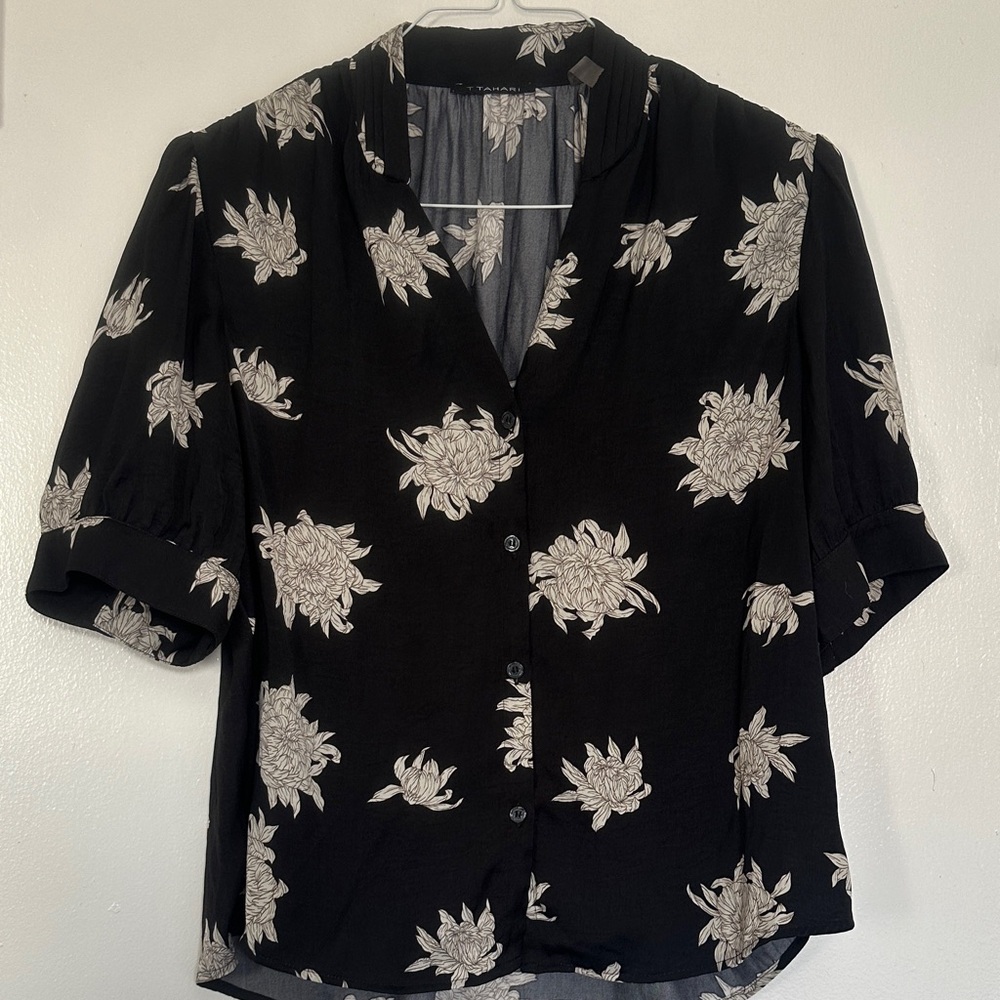 Tahari Black Button-Front Blouse with Cream Floral Print